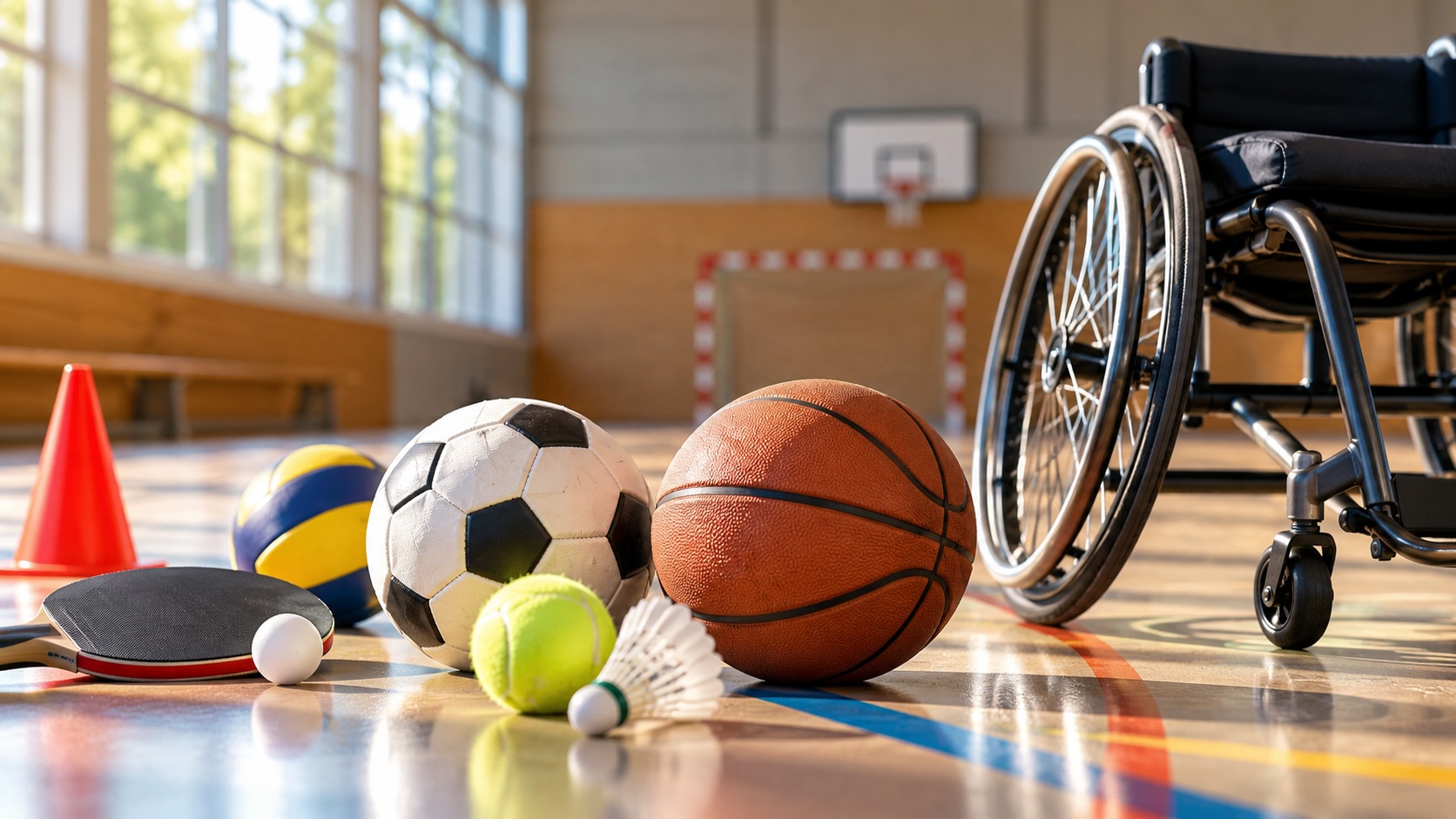 Inklusion im Sport Verschiedene Sportgeräte und ein Rollstuhl in einer Sporthaelle